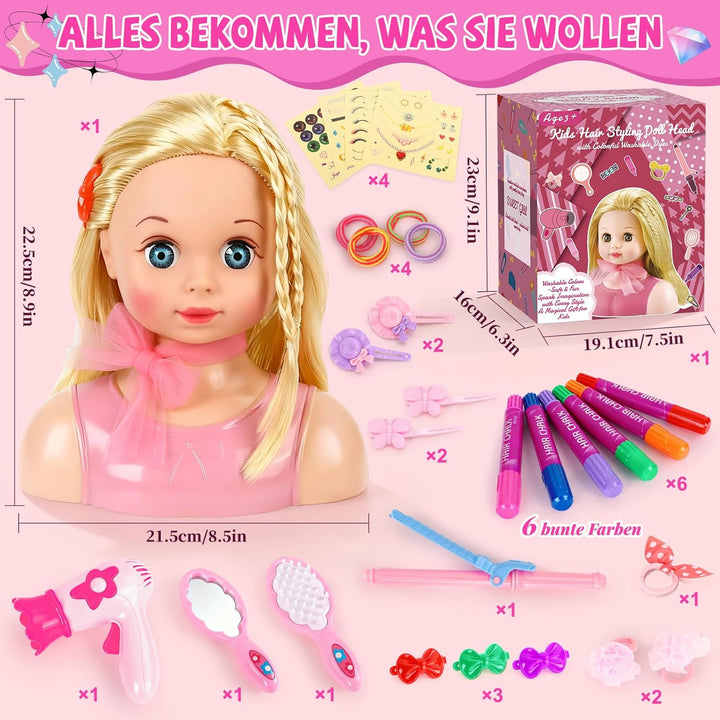 Frisierkopf Kinder Set, Frisierkopfpuppe Spielzeug Set für Kinder mit Haarzubehör, Frisierkopf für M