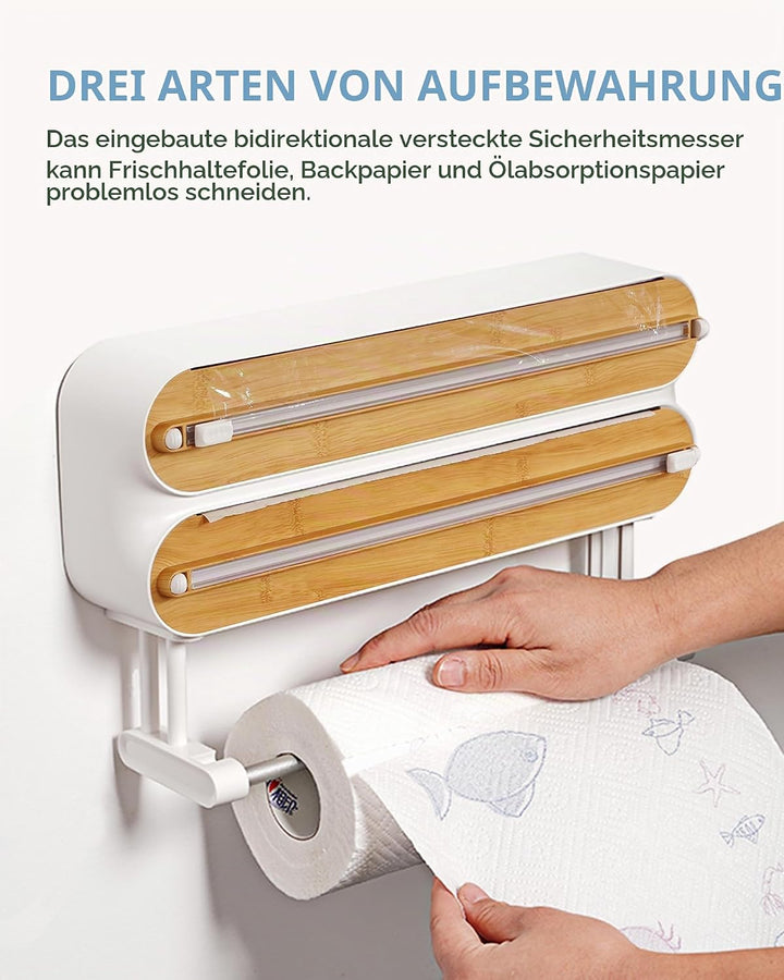 3 in 1 Frischhaltefolienspender mit Cutter, Küchenrollenhalterung mit Küchenrollenhalter, Alufoliens