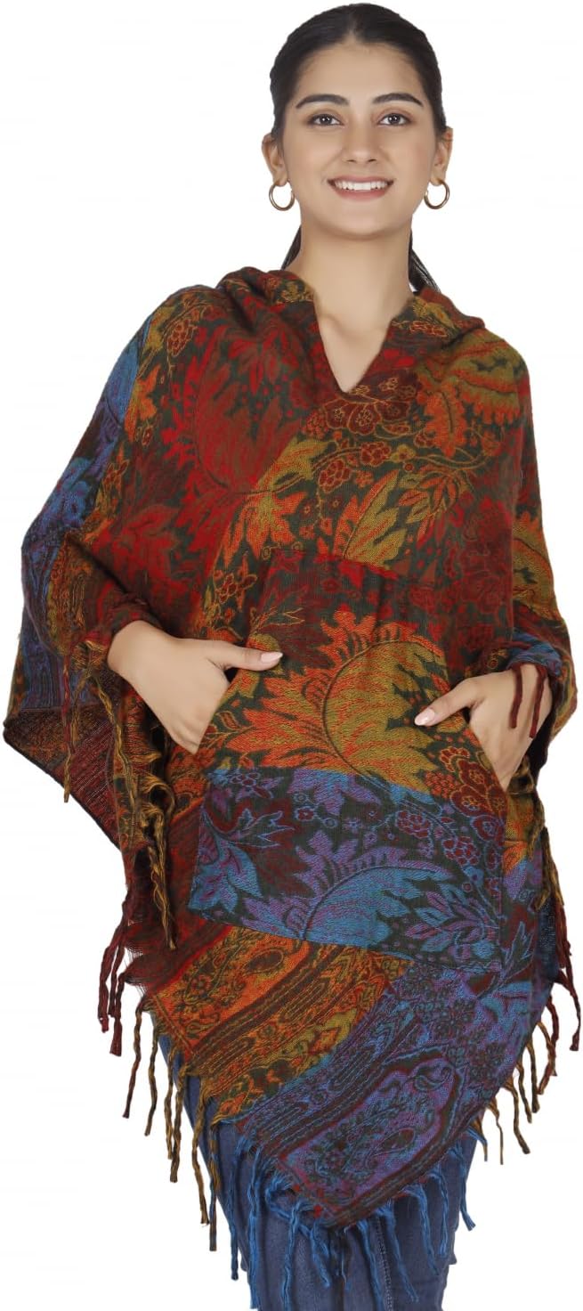 GURU SHOP Flauschiger Poncho mit Kapuze, Goa Hippie Poncho, Damen, Schwarz, Synthetisch, Size:40 40