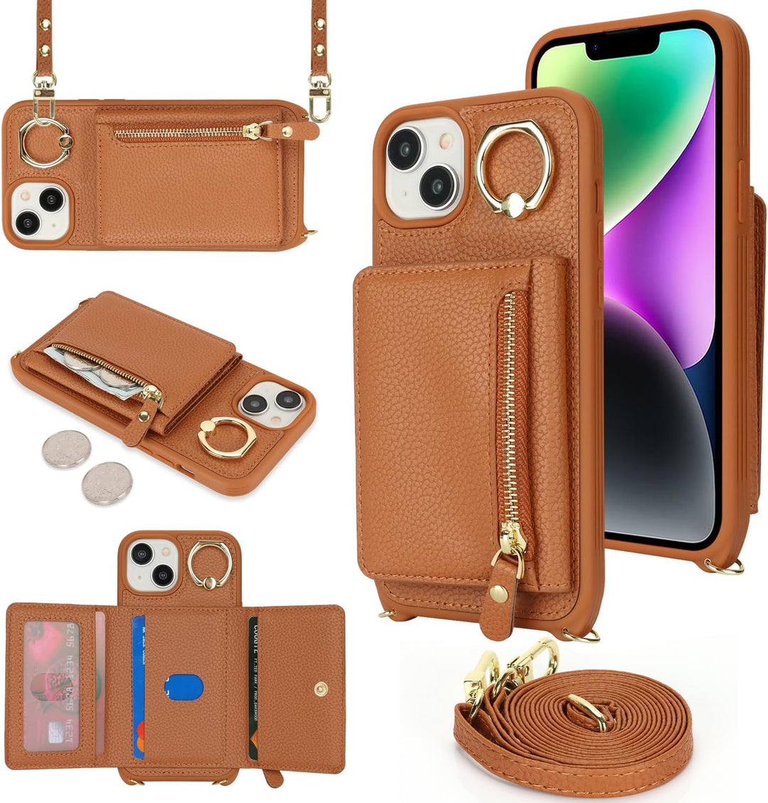 ELTEKER Handyhülle für iPhone 13 Hülle mit Band Kartenfach Ringhalterung Geldbörse,Leder Klapphülle