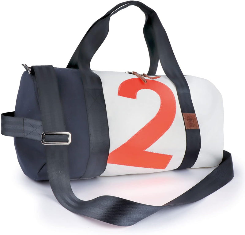 360 Grad Pirat Umhänge-Tasche Segeltuch weiss-blau, Zahl orange
