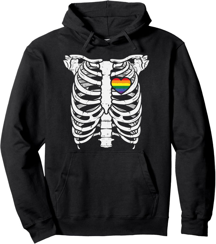 Skeleton Xray Ribs Halloween Heart LGBTQ Gay Pride Ally Pullover Hoodie