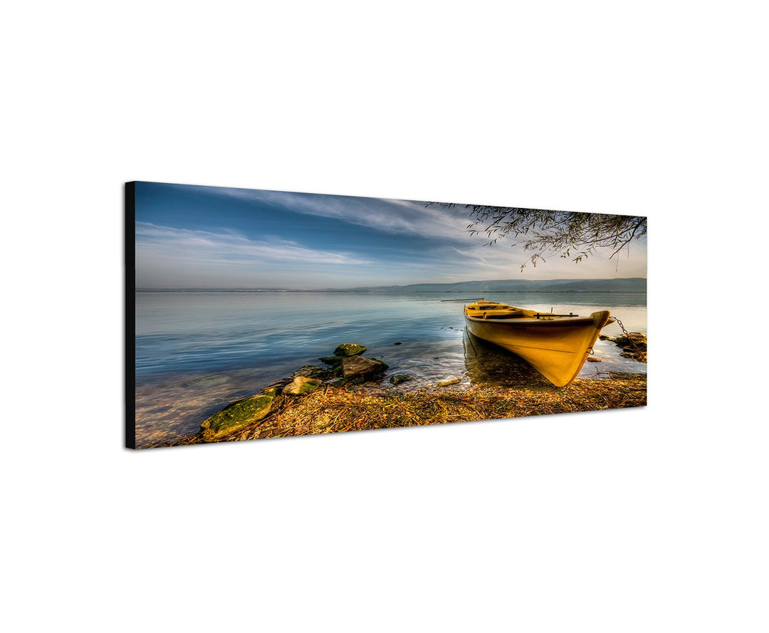 Augenblicke Wandbilder Leinwandbild als Panorama in 150x50cm Meer Wasser Bucht Boot Wolkenschleier