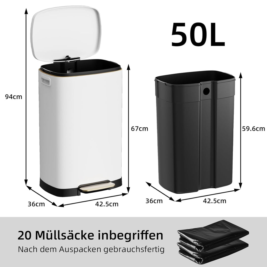 KSSKSS Mülleimer Küche, 50 Liter, Abfalleimer, Treteimer mit sanft schliessendem Deckel und Fusspeda