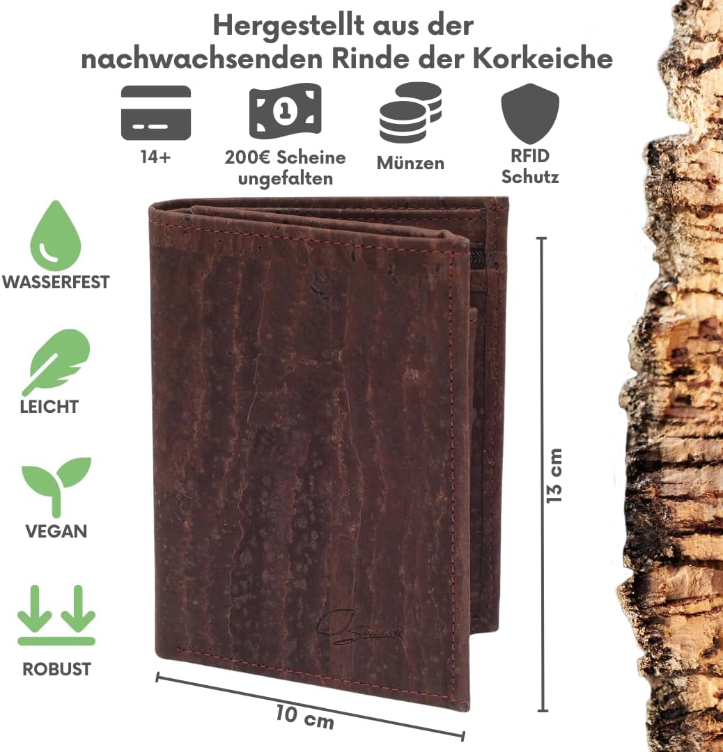 Simaru Geldbörse aus Kork mit RFID Schutz, Portemonnaie vegan für Damen & Herren, Geldbeutel für 10+