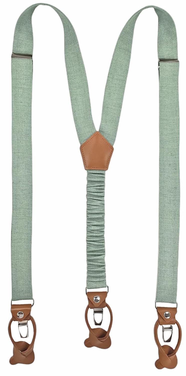 LINILI Leinen Accessoires SET: Fliege und Hosenträger für Herren- mit Leder- Fliege Bereits gebunden