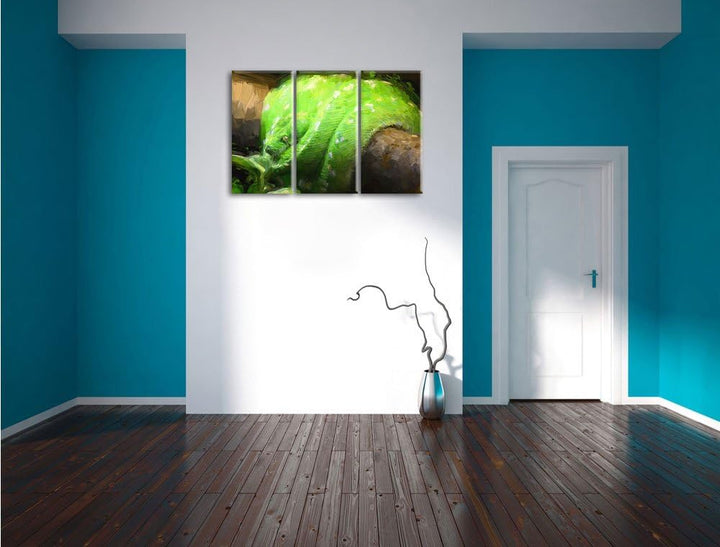 Pixxprint Grüne exotische Schlange / 3-Teilig/Gesamtmass 120cm Leinwandbild bespannt auf Holzrahmen/