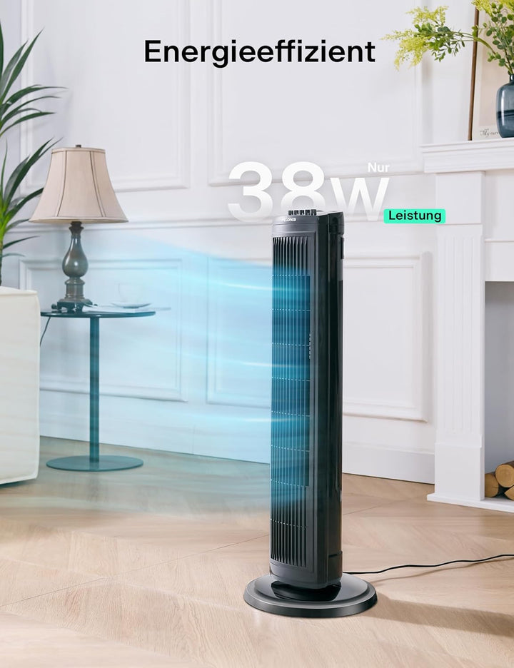 PELONIS 76 cm Oszillierender Turmventilator, 3 Geschwindigkeitsstufen, 8H Timer, Leiser & Platzspare