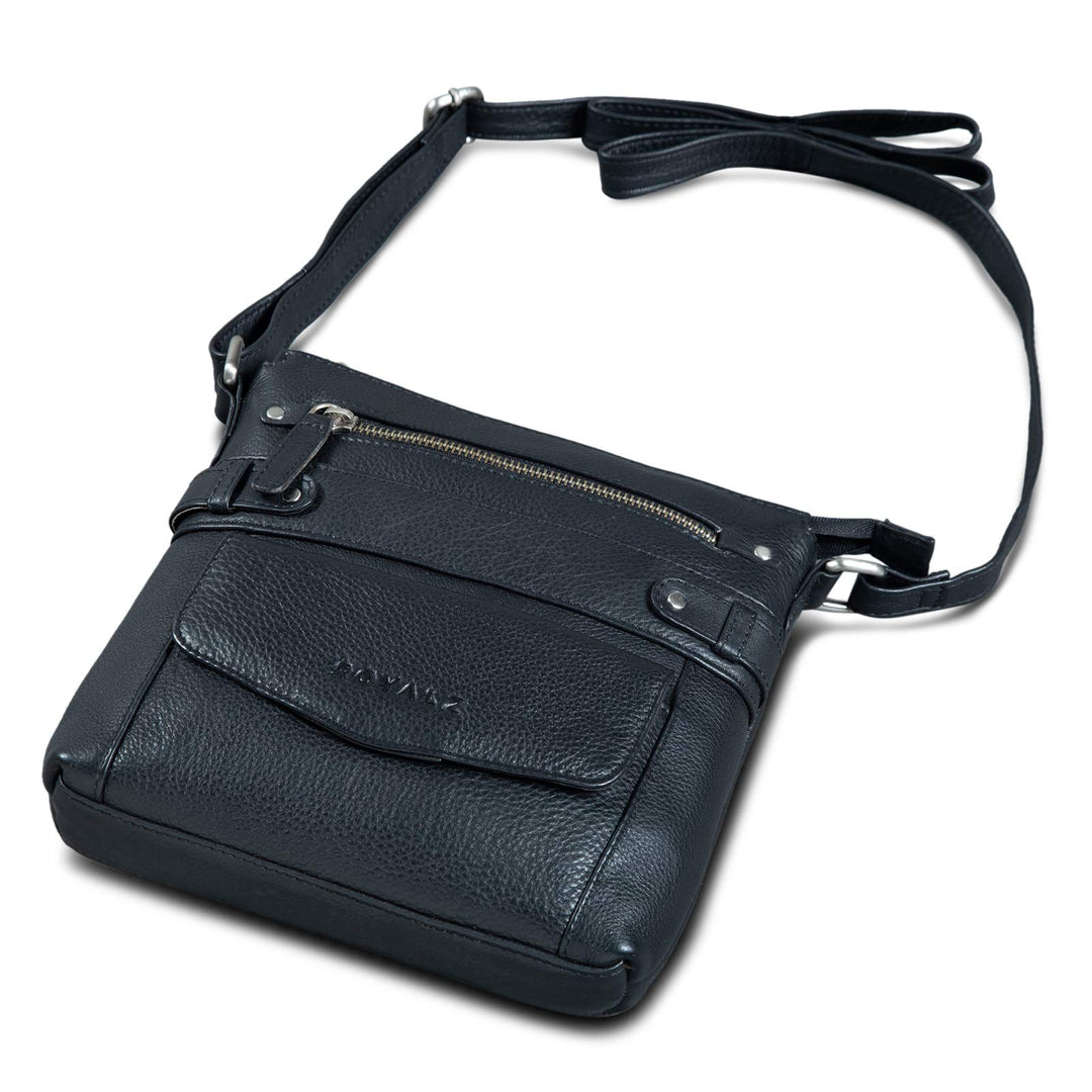 ROYALZ 'Madison' Vintage Handtasche Damen schwarz Umhängetasche klein kompakte Ledertasche, Schwarz