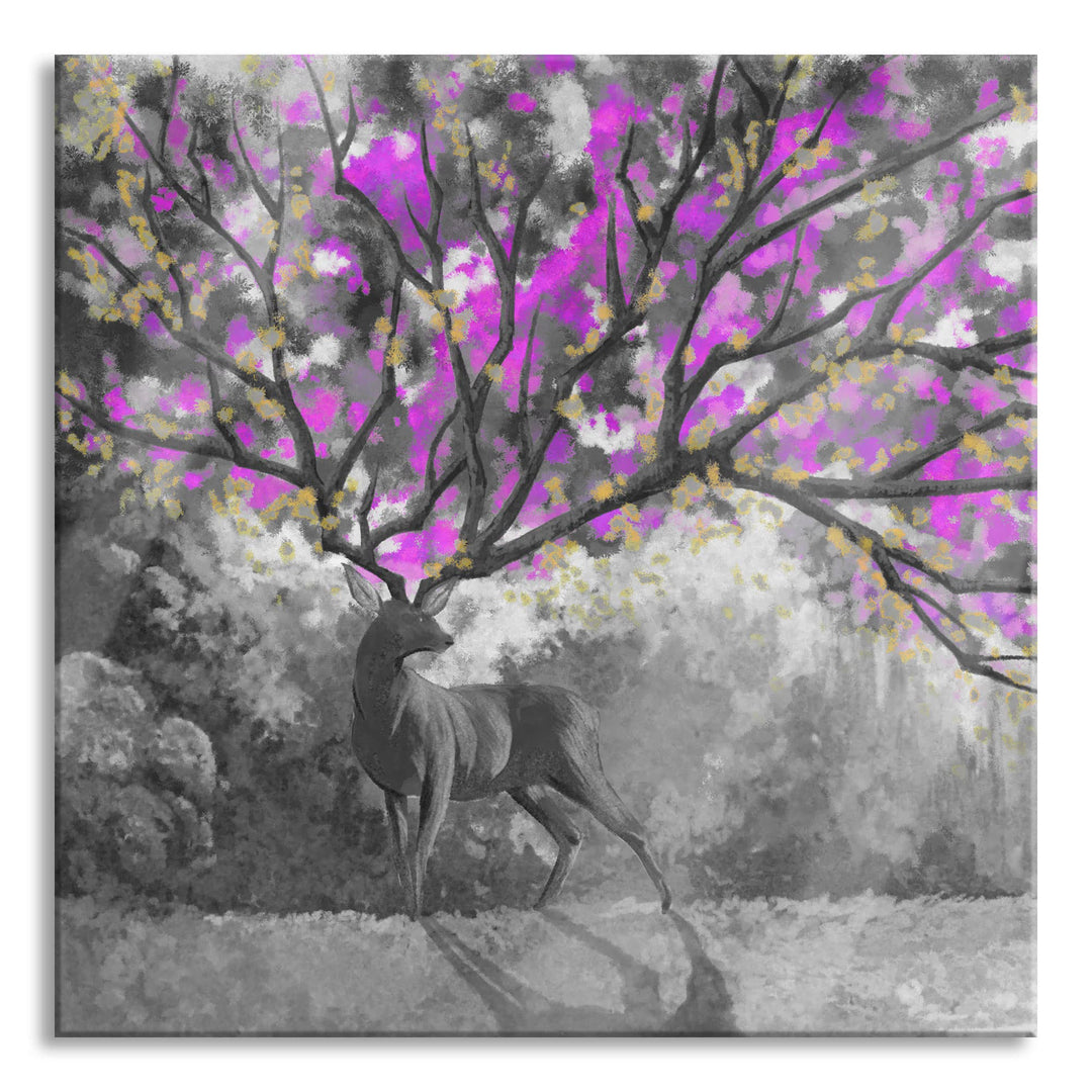 Pixxprint Glasbild | Wandbild auf Echtglas | Fantasievoller Hirsch mit Baumgeweih B&amp;W Detail | 70x70