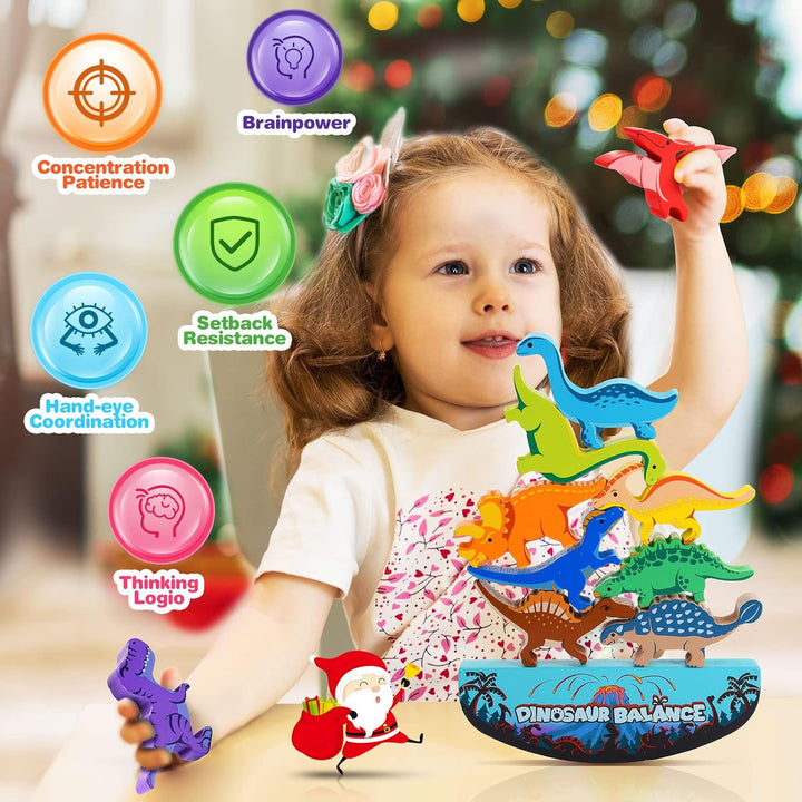 DejaNard Dinosaurier-Stapelspielzeug aus Holz, Montessori Spielzeug & Weihnachts-Geschenke für Kinde
