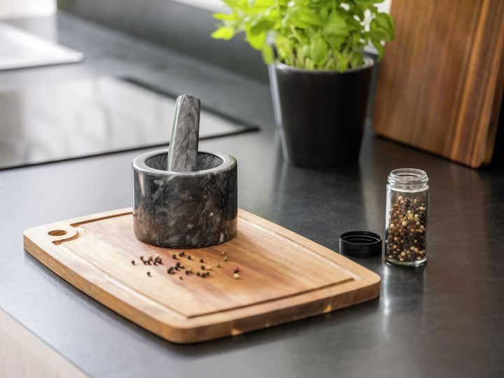 WENKO Mörser Marmor zum Zerkleinern von Kräutern und Gewürzen Schwarz