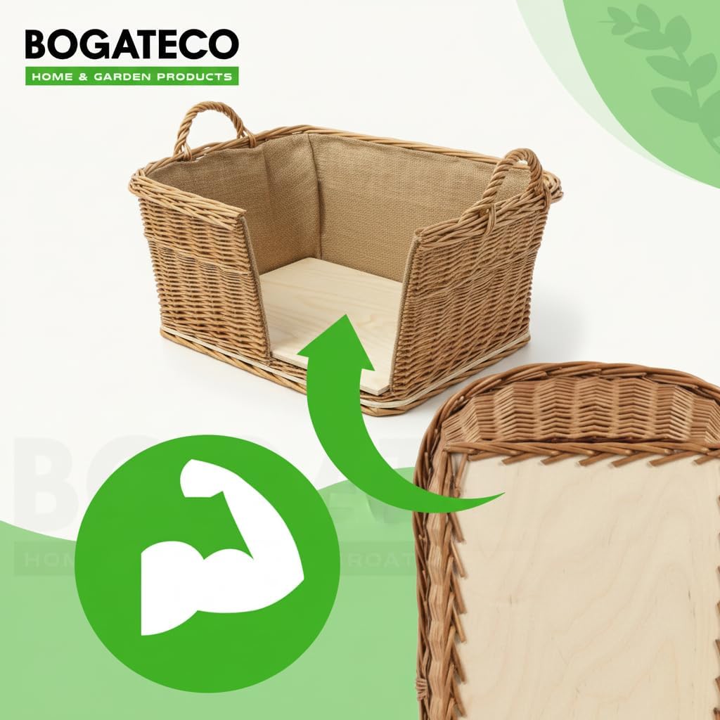 BOGATECO Kaminholzkorb Weide Rechteckig 60x50 cm, Stabiler Brennholzkorb mit Sperrholzboden und Jute