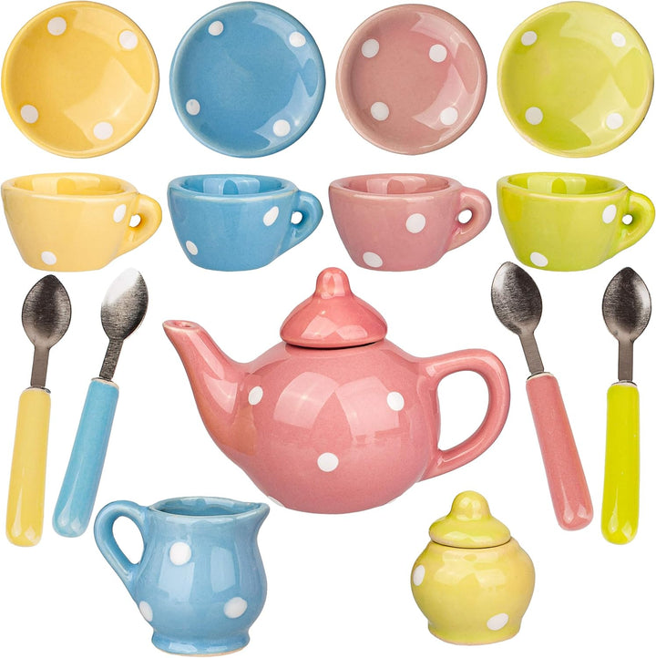 18 TLG. Set Picknick Korb - Puppengeschirr/Teeservice & Kaffeeservice - Bunte Punkte - Geschirr Porz