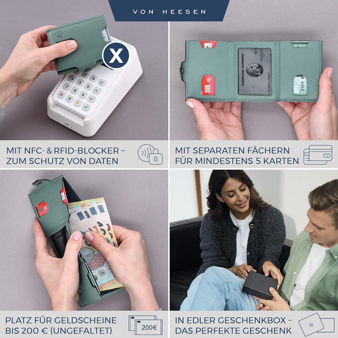 VON HEESEN Slim Wallet mit XL Münzfach &amp; RFID Schutz - Leder Geldbörse Herren klein - Mini Geldbeute