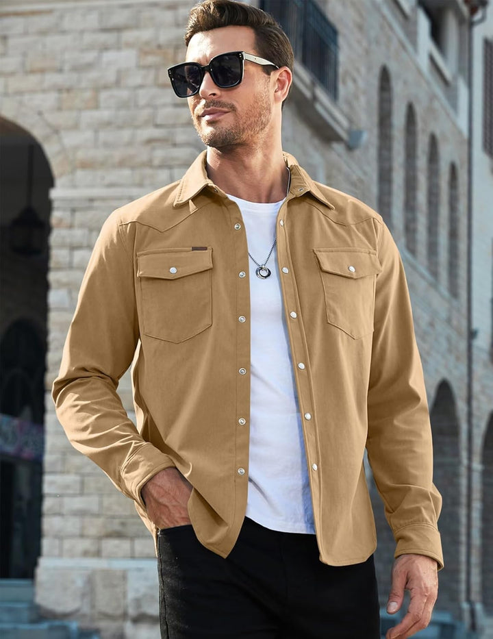 Meilicloth Cord Hemd Herren Hemdjacke Hemden Langarm Button Placke Langarm Regular Fit Casual, Khaki