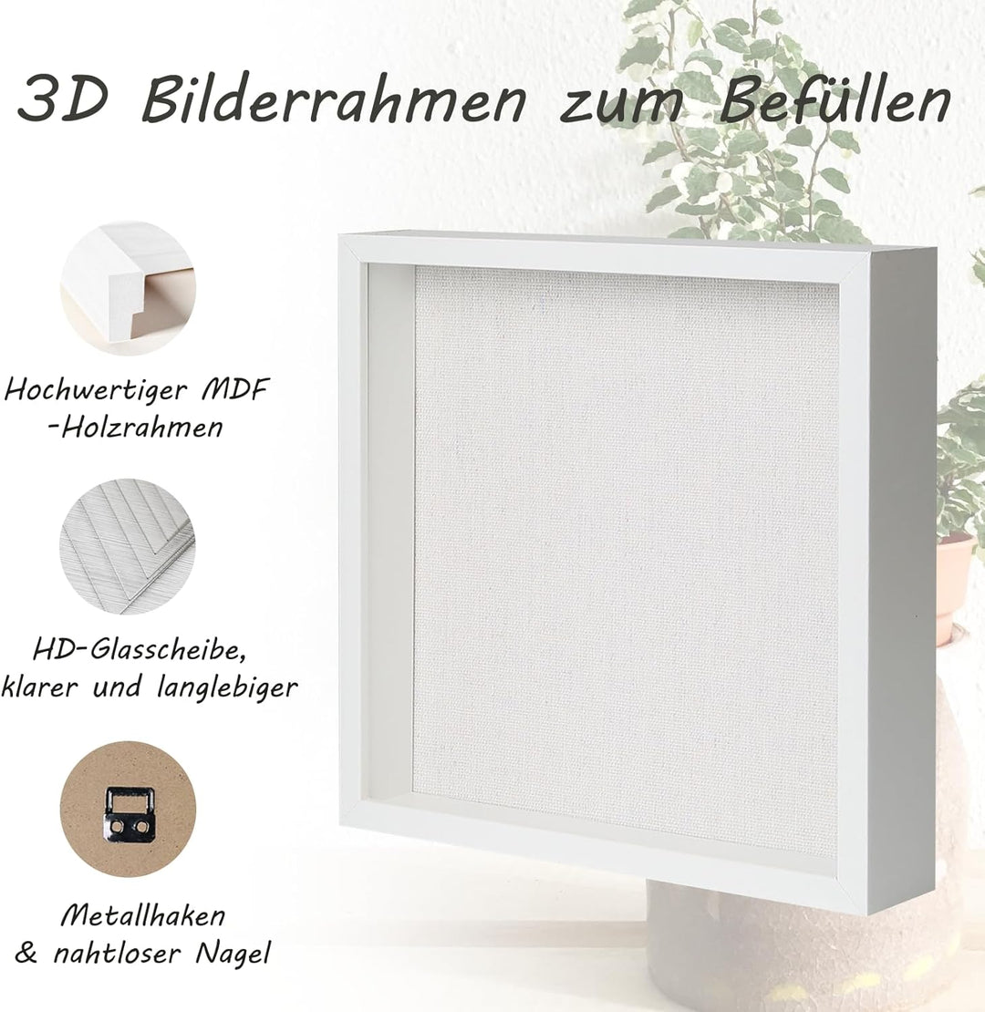 Muzilife 3D Bilderrahmen zum Befüllen mit Glasscheibe, 32x32 cm-Tiefer Holz Rahmen Weiss, Objektrahm