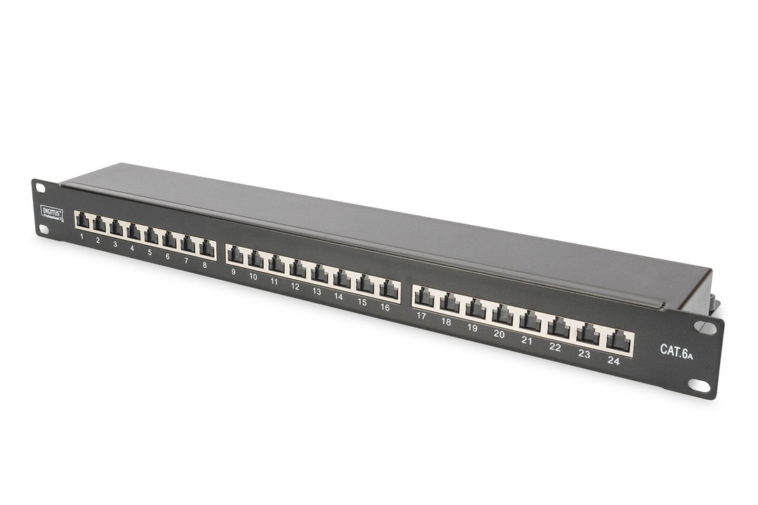 DIGITUS Patchpanel - 19-Zoll - Cat-6A - 24-Port RJ45 - Geschirmt - LSA Patch-Feld - Rack-Montage 1HE