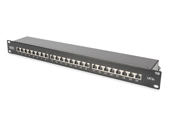 DIGITUS Patchpanel - 19-Zoll - Cat-6A - 24-Port RJ45 - Geschirmt - LSA Patch-Feld - Rack-Montage 1HE