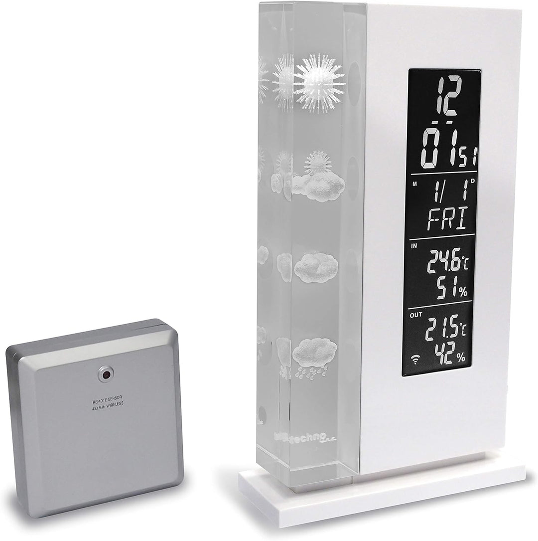 Wetterstation WS 6600 mit Vorhersage von Wettersituation durch in Glas gelaserte 3D-Wettersymbole