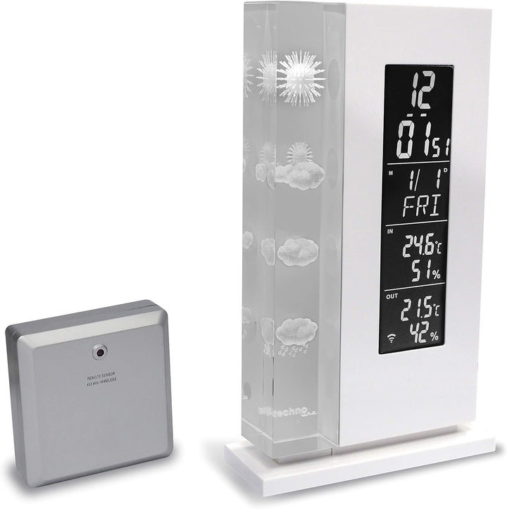 Wetterstation WS 6600 mit Vorhersage von Wettersituation durch in Glas gelaserte 3D-Wettersymbole