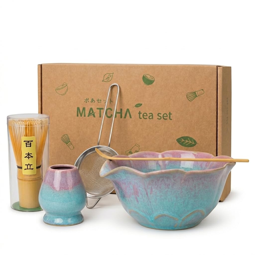 Matcha Set 5-teilig, Matcha Schale mit Ausgiesser in Blumenform Blau Rosa, Chasen, Bambusbesen, Chas