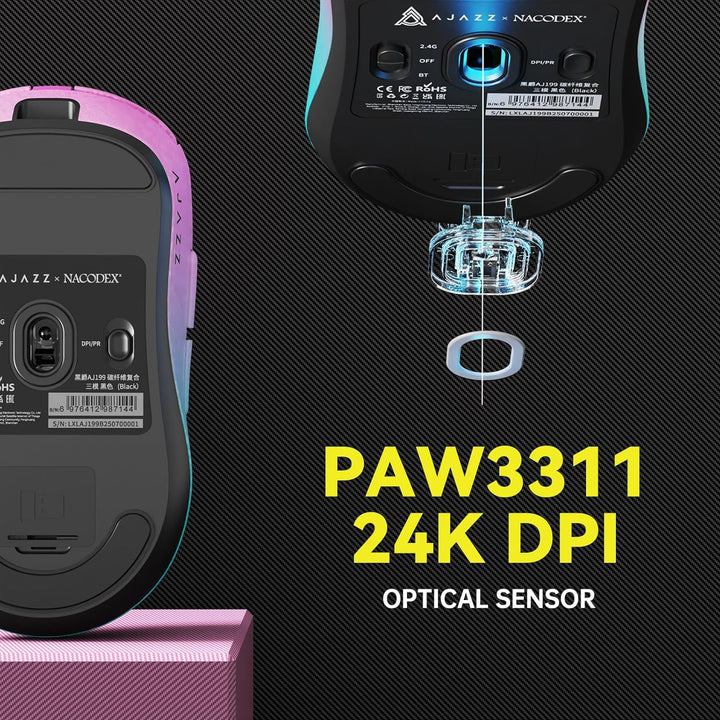 A.JAZZ AJ199 Carbonfaser-Gaming-Maus, Kabellos 2,4G/BT/USB-C Tri-Mode, Ultraleicht 55g, Optischer Pi