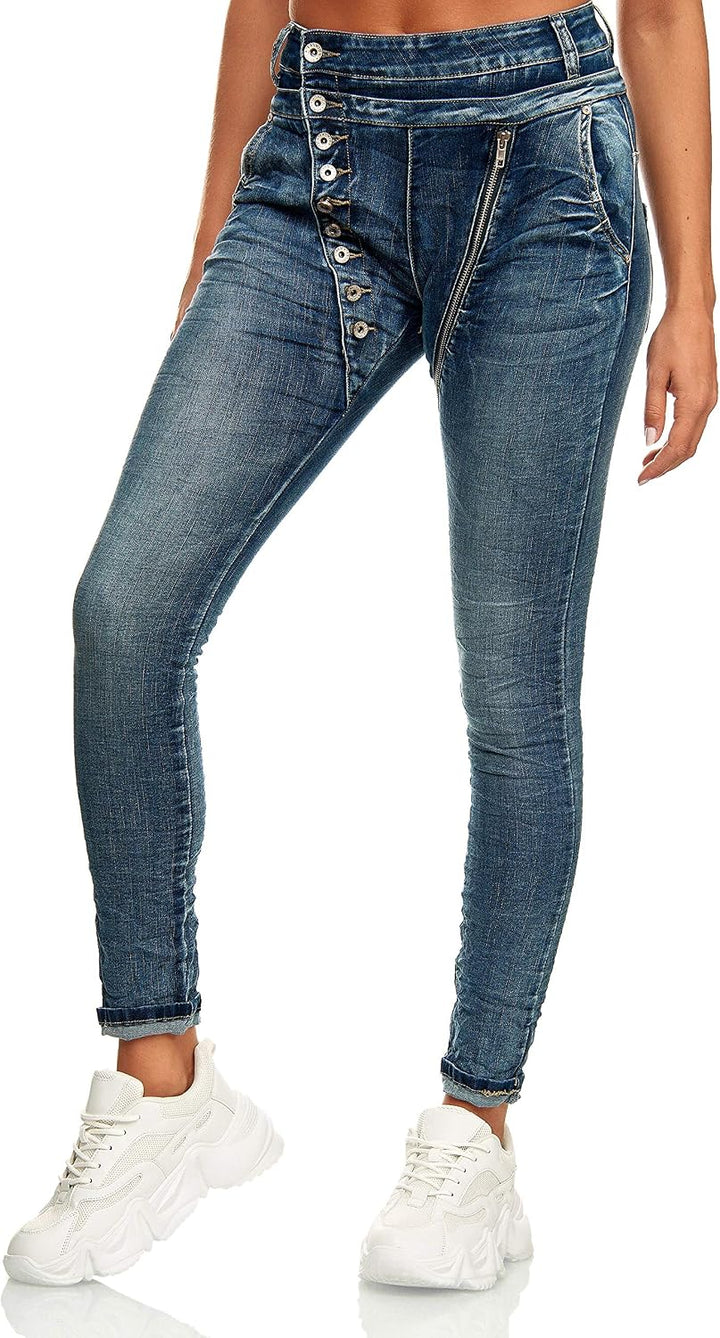 Elara Damen Jeans Boyfriend Knopfleiste Chunkyrayan 36 Slim Blau New York, 36 Slim Blau New York