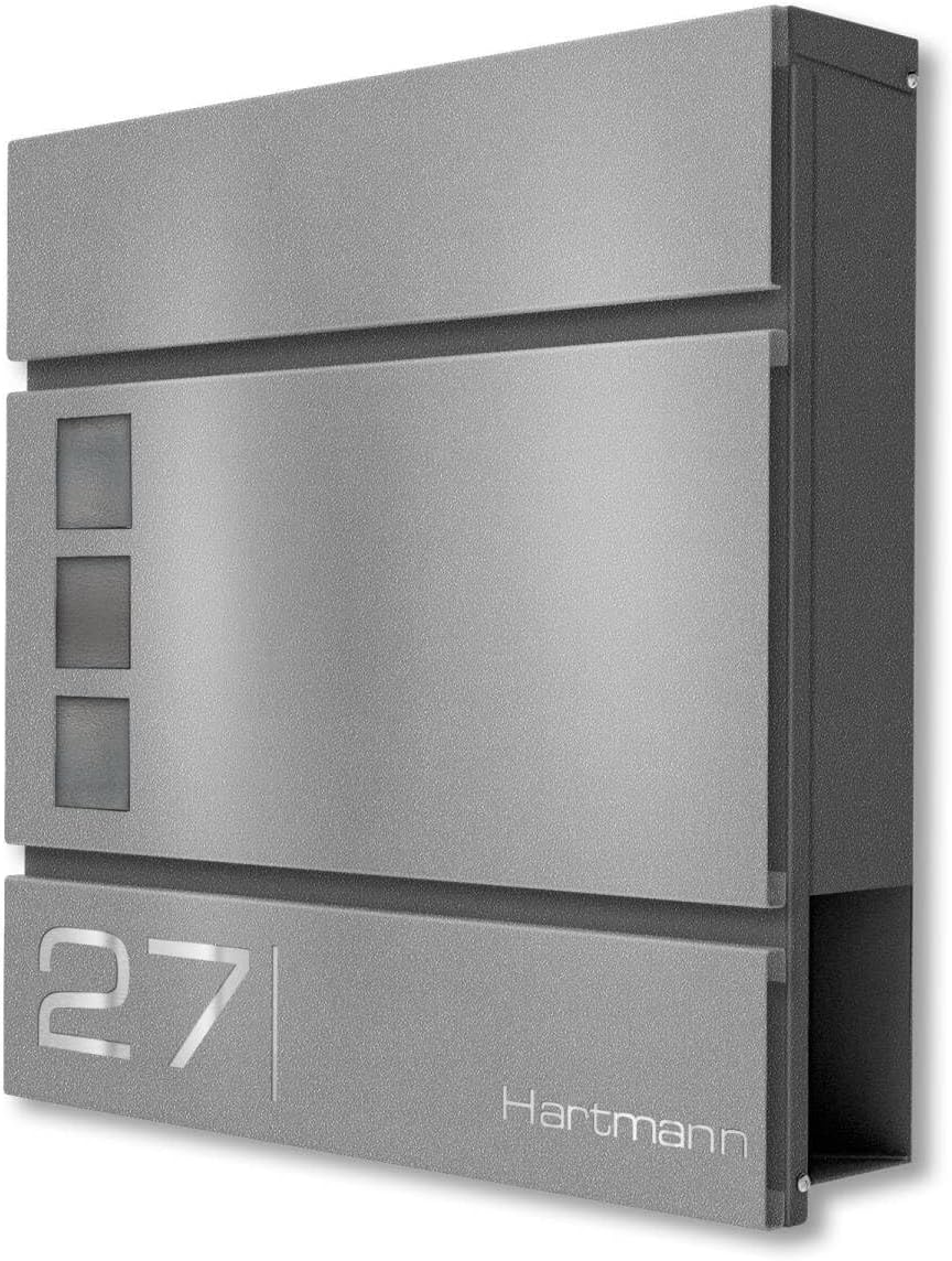 Metzler Briefkasten in Graualuminium RAL 9007 Cube - Name &amp; Hausnummer als Lasergravur - Design Wand