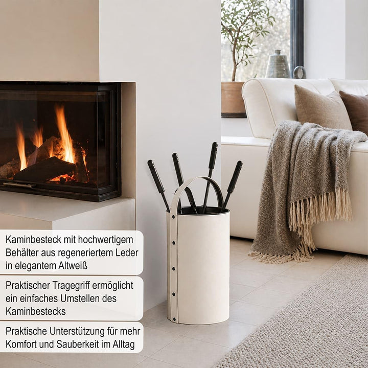MS Beschläge Kaminbesteck Set 5-tlg mit Besteckbehälter aus Leder Altweiss - moderne Kamingarnitur K