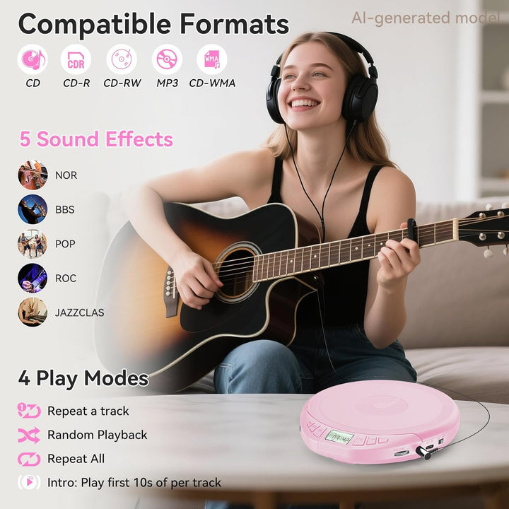 Gueray CD Spieler Tragbarer CD-Player Persönliche CD Player mit Kopfhörer LCD Display Anti-Skip Schu