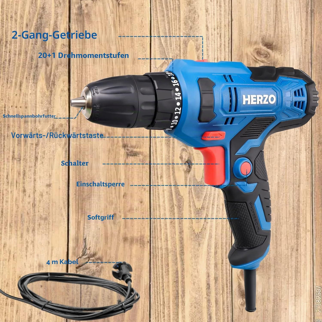 HERZO Elektro Bohrschrauber 300W,Speed 20 + 1 Drehmomentstufen with 4M Cable, great for everyday dri