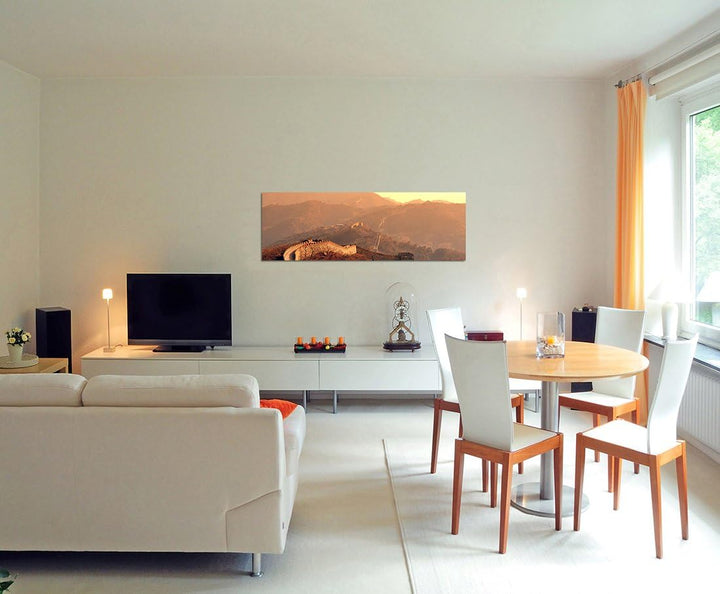 Paul Sinus Art Panoramabild auf Leinwand und Keilrahmen 120x40cm China Mauer Berge Sonnenaufgang Nat