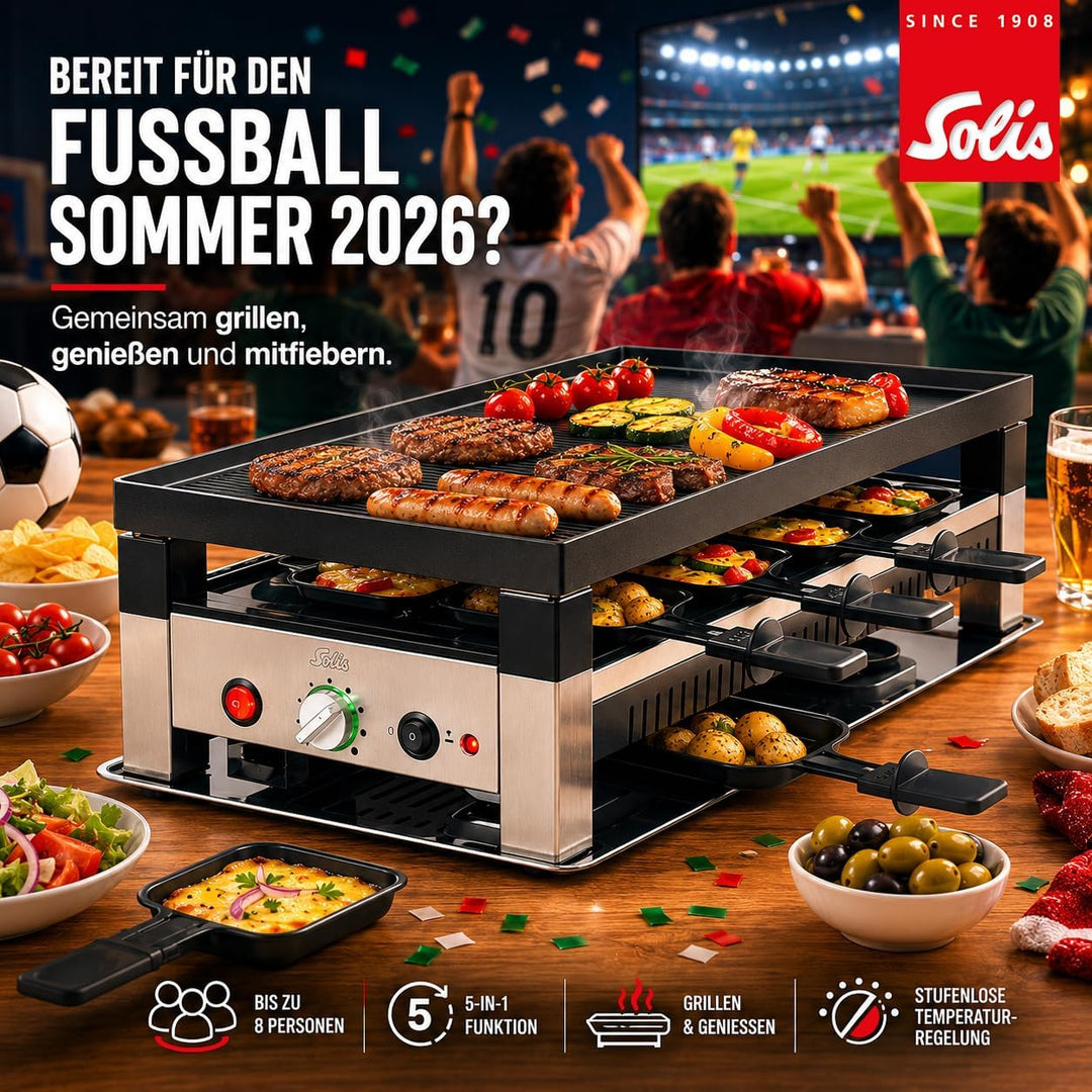 Solis 5in1 Tischgrill mit 1400 W, Elektrischer Grill für 8 Personen, Indoor Grill mit Raclette- und