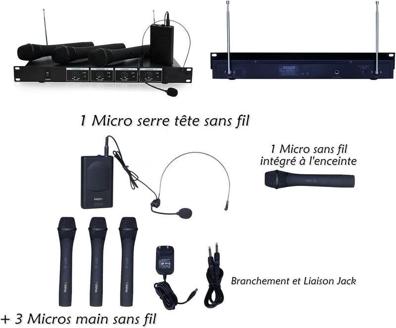 Ibiza - VHF4 - Drahtloses Mikrofonsystem mit 3 VHF-Handmikrofonen, 1 VHF-Kopfbügelmikrofon und 1 Emp