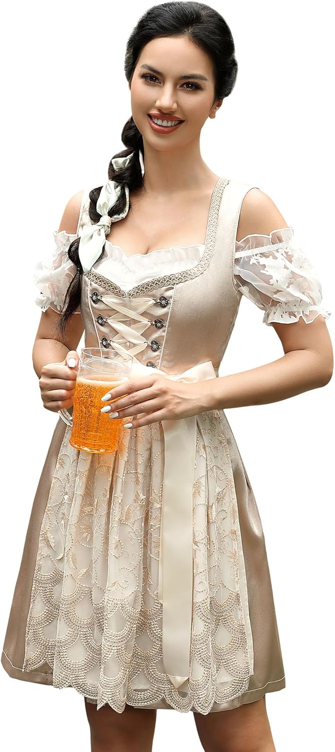 Clearlove Damen Dirndl midi 3tlg.Trachtenkleid für Oktoberfest,Karneval,DREI Teilig: Kleid, Bluse, S