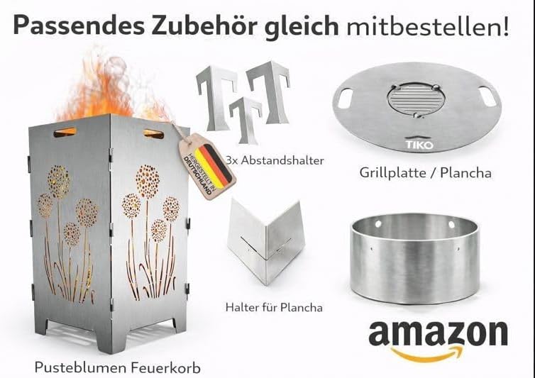 TiKo-Design® Feuerkorb/Feuertonne aus 3 mm Stahl mit Pusteblumen‑Laserung – 4‑Fach, stabil & mobil,