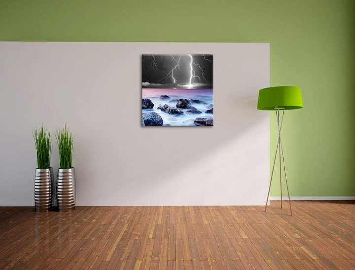 Pixxprint Blitze über dem Meer als Leinwandbild Quadratisch/Grösse: 70x70 / Wandbild/Kunstdruck/fert