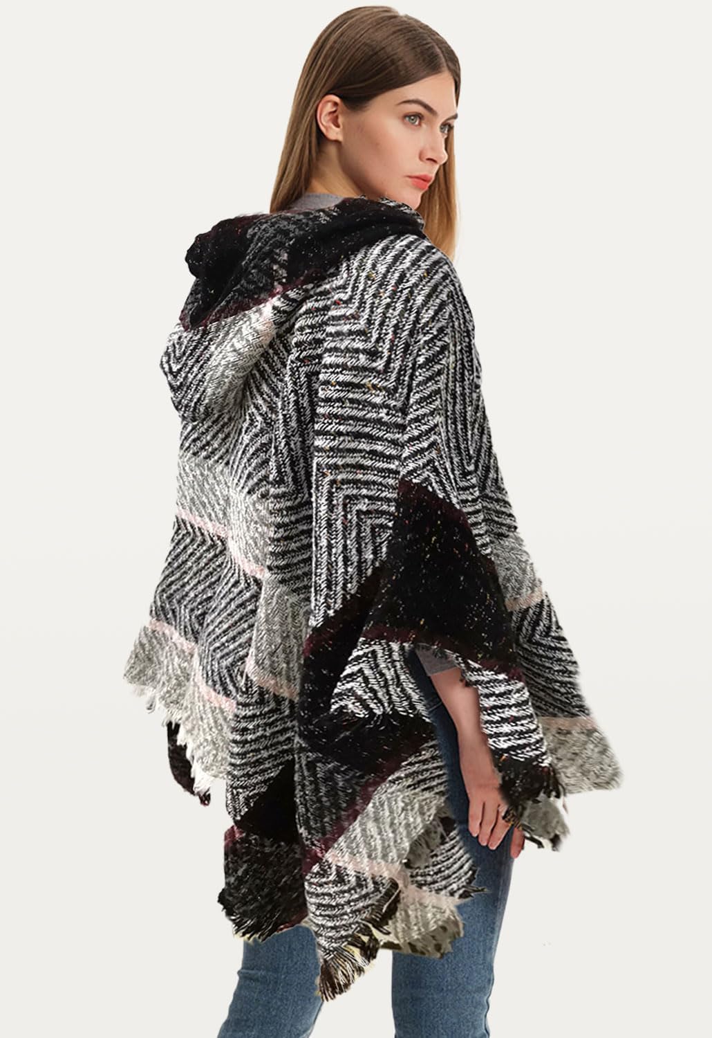 JFAN Knitted Ponchos With Fringes For Women Strick Ponchos Capes Hooded Scarf Warm Poncho Hellgrau,