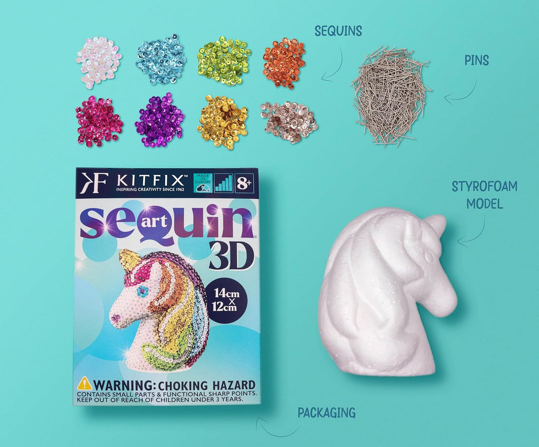 Kitfix - Sequin Art 3D Einhorn - 3D Paillettenbild - Bastelset für Jugendliche, Erwachsene und Kinde