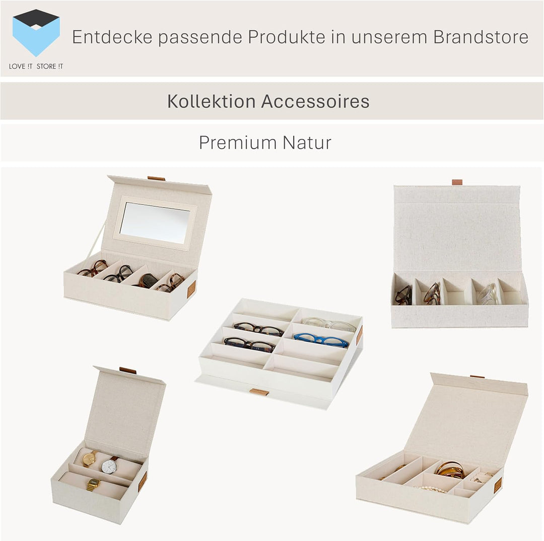 LOVE IT STORE IT Premium Brillenbox für 8 Sonnenbrillen - Aus Leinen Stoff - Brillenaufbewahrung meh