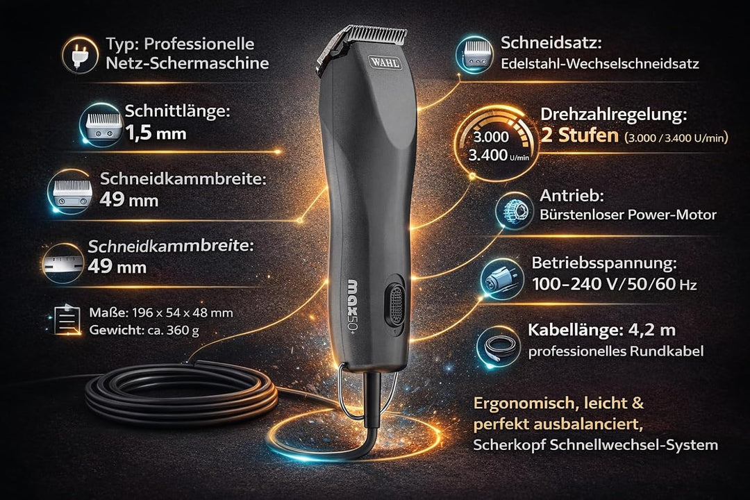 Rotschopf24 Edition: Profi Tierschermaschine mit Schneidsatz aus Metall. Stark + leise. Für fast all