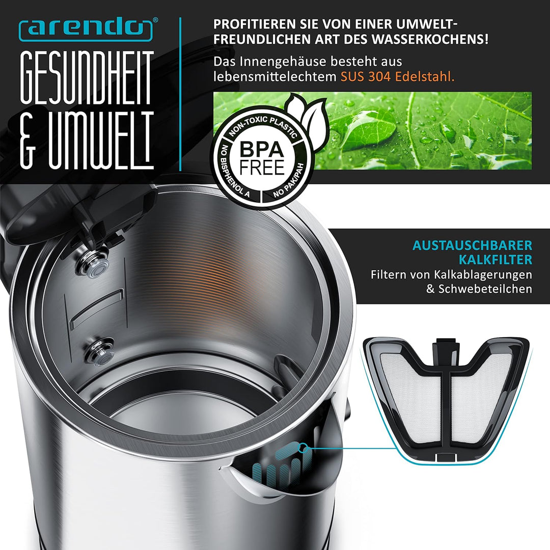 Arendo - Wasserkocher mit Temperatureinstellung - Edelstahl - Temperaturauswahl 40-100 Grad - LED Di