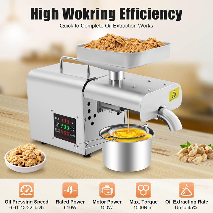 610W Ölpresse Automatische Maschine Walnüsse Erdnüsse Ölmühle 304 Edelstahl Ölmühle Einstellbare Tem