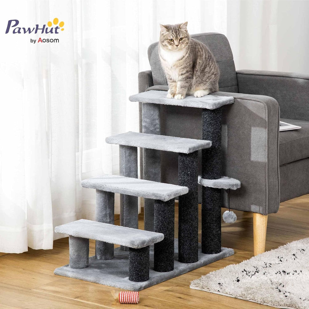 PawHut Haustiertreppe Katzentreppe mit Kratzbaum Ball 4-stufige Hundetreppe Tiertreppe Spanplatte Pl