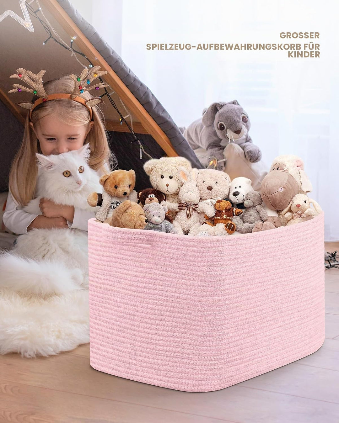 JOJOSEE Faltbarer Wäschekorb 63L Grosse Aufbewahrungskorb Hellrosa | Geflochten Laundry Baskets mit