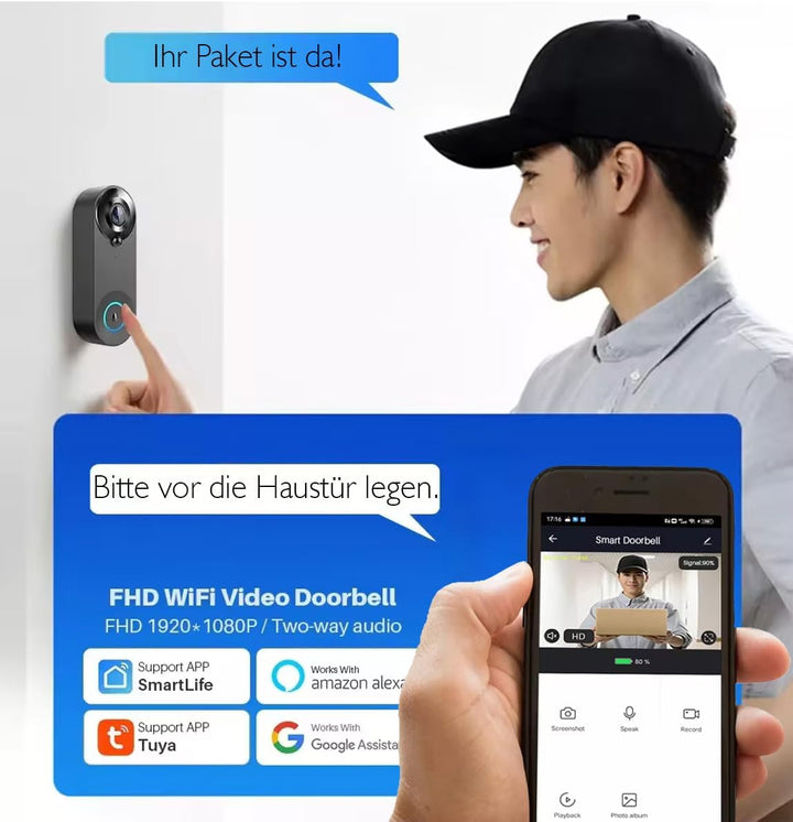 Luxus-Time WLAN Videotürklingel mit Akku, kabellose Türklingel mit Kamera, Nachtsicht, Bewegungserke