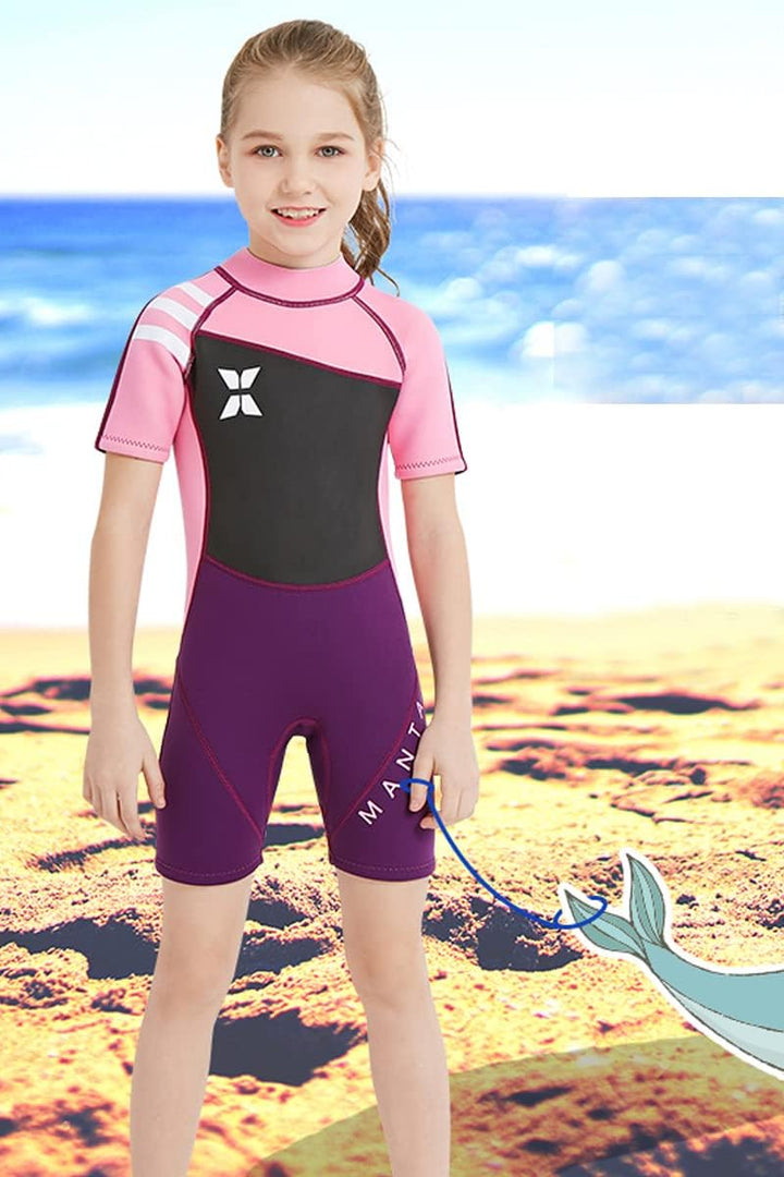 Mädchen 2.5mm Neoprenanzug Kinder Einteiler Tauchanzug Kurzarm Shorty Badeanzug Patchwork Sonnenschu