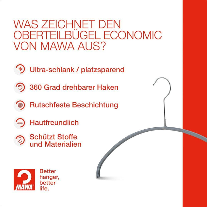 MAWA Kleiderbügel, Set mit 10 hochwertigen, platzsparenden, rutschfesten Kleiderbügeln, ideal für T-