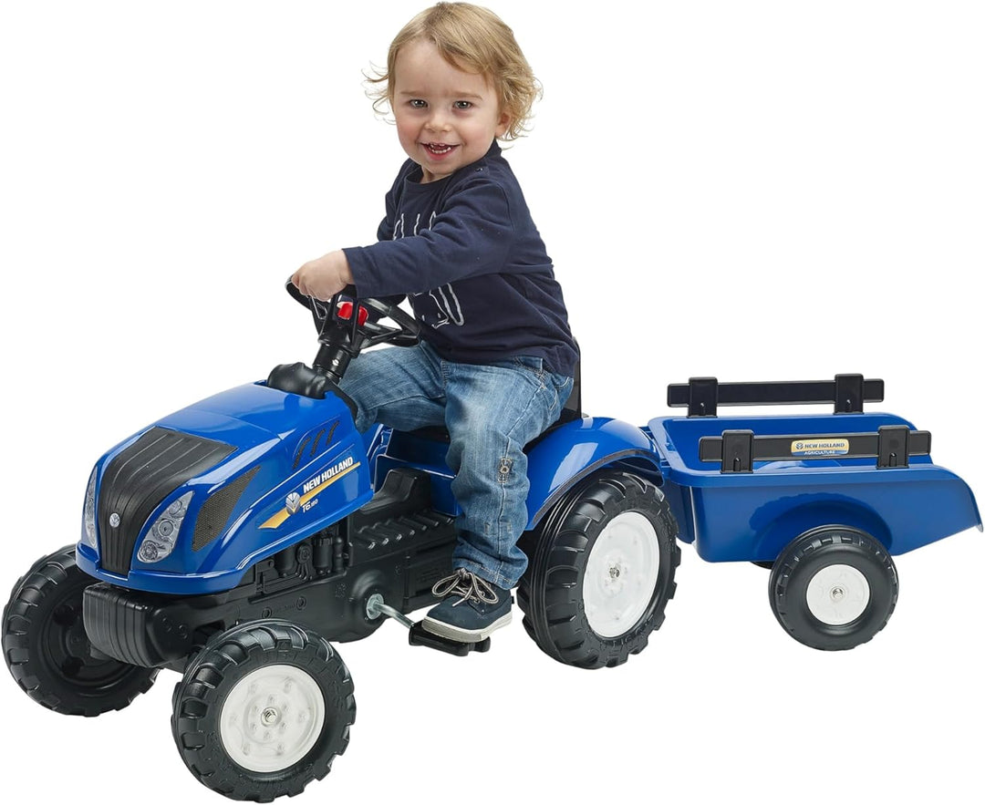 Falk Tractor de New Holland Leaf Traktor mit Pedalen Anhänger – ab 2 Jahren Motorhaube zum Öffnen –